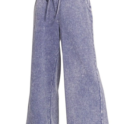 Zenana Acid Wash Fleece Palazzo Sweatpants with Pockets - Image 1