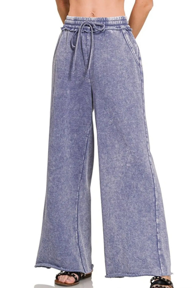 Zenana Acid Wash Fleece Palazzo Sweatpants with Pockets