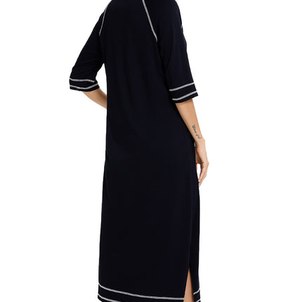 Zip Up Slit Round Neck Night Dress with Pockets - Image 27