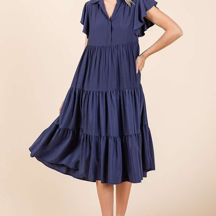 Mittoshop Ruffle Sleeve Collared V Neck Tiered Midi Dress - Image 1
