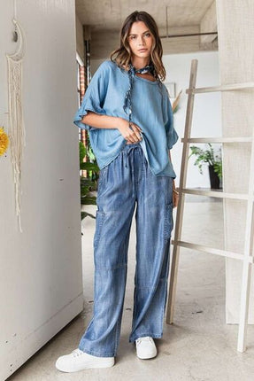 Mittoshop Washed Elastic Waist Cargo Wide Leg Pants - Image 5