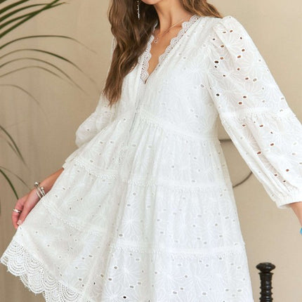 ADORA Lace Detail Tiered Eyelet V-Neck Babydoll Dress - Image 5