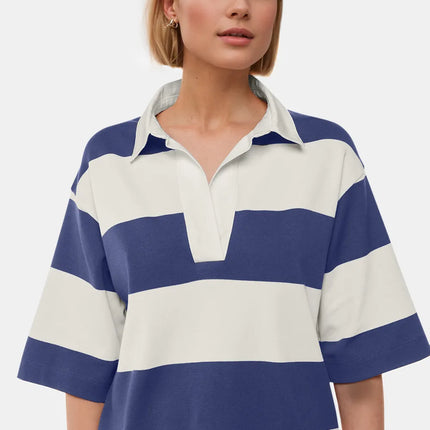 Oh Pima Cotton Wash Color Block Johnny Collar Half Sleeve Top - Image 1