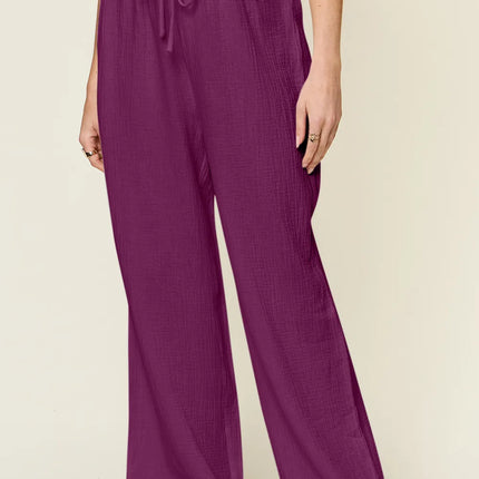 Double Take Full Size Texture Drawstring Wide Leg Pants - Image 22