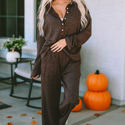 Buttoned Long Sleeve Top and Long Pants Lounge Set - Image 1