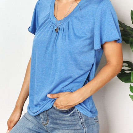 Double Take Ruched V-Neck Short Sleeve T-Shirt - Image 9