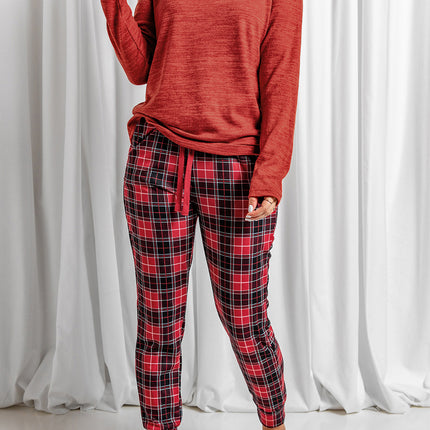 Round Neck Top and Drawstring Plaid Pants Lounge Set - Image 1