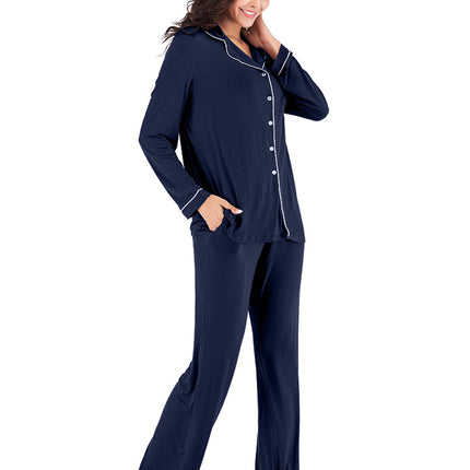 Collared Neck Long Sleeve Loungewear Set with Pockets - Image 2