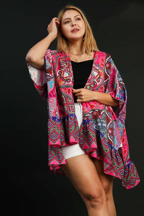 Umgee Full Size Mixed Print Ruffle Hem Open Front Cover Up Plus Size - Image 3