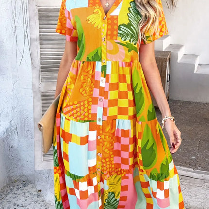 Devine Printed Johnny Collar Button Down Short Sleeve Midi Shirt Dress - Image 13