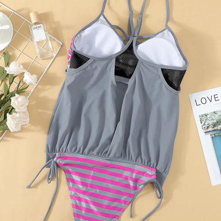 Crisscross Striped Spaghetti Strap Tankini Set - Image 6