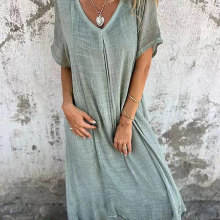 Full Size V-Neck Short Sleeve Midi Dress Plus Size - Image 26