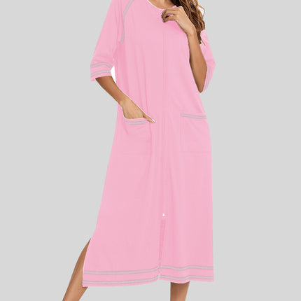 Zip Up Slit Round Neck Night Dress with Pockets - Image 7