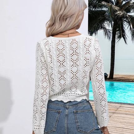 Openwork Drawstring V-Neck Long Sleeve Cover-Up - Image 2