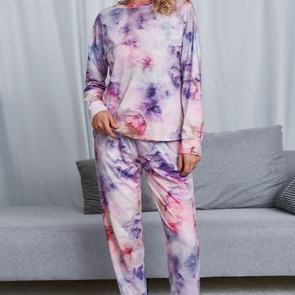 Shiny Tie-Dye Crewneck Top and Drawstring Waist Joggers Lounge Set - Image 13