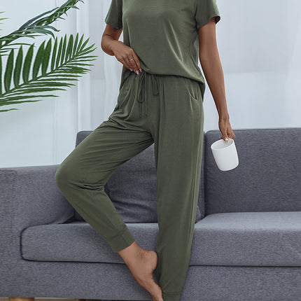 Shiny Round Neck Short Sleeve Top and Pants Set - Image 5