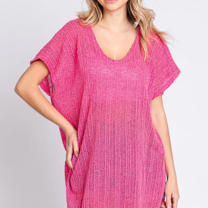 GeeGee Short Sleeve Side Slit Knit Cover Up Dress - Image 1