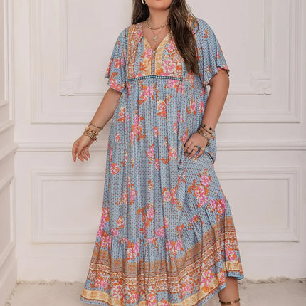 Plus Size Printed Tie Neck Flutter Sleeve Maxi Dress - Image 3