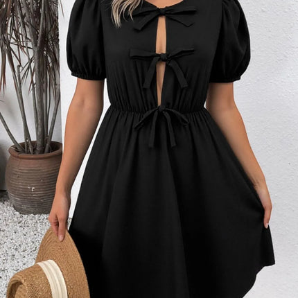 Tie Front Puff Sleeve Mini Dress - Image 1