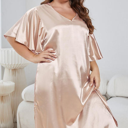 Plus Size Flutter Sleeve V-Neck Side Slit Night Gown - Image 1