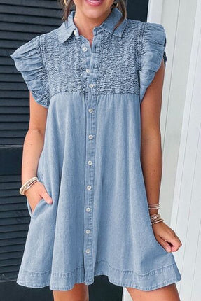 Smocked Collared Neck Cap Sleeve Denim Dress - Image 2