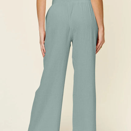 Double Take Full Size Texture Smocked Waist Wide Leg Pants - Image 12