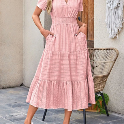 Tiered Notched Short Sleeve Dress - Image 1