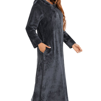 Zip Front Hooded Night Dress with Pockets - Image 5