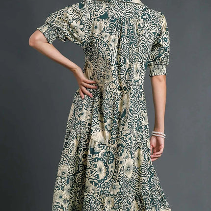 Umgee Full Size Printed Smocked Cuff Puff Sleeve Midi Dress Plus Size - Image 2