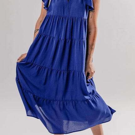 Ruffled Short Sleeve Collared V Neck Tiered Midi Dress - Image 1