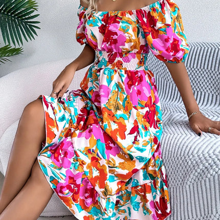 Ruffled Hem Smocked Floral Short Sleeve Midi Dress - Image 3