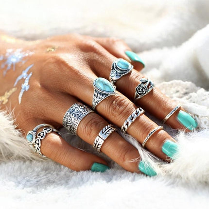 Artificial Turquoise Alloy Ring 10-Piece Set - Image 2