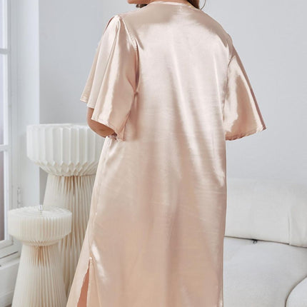 Plus Size Flutter Sleeve V-Neck Side Slit Night Gown - Image 2