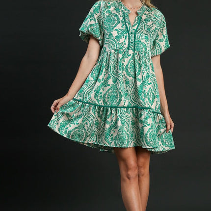 Umgee Full Size Printed Notched Puff Sleeve Mini Dress Plus Size - Image 3