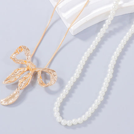 Synthetic Pearl Necklace, Bow Necklace and Bow Earrings Jewelry Set - Image 6