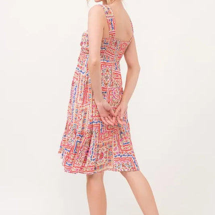 And The Why Tied Front Smocked Back Tiered Boho Printed Dress - Image 7