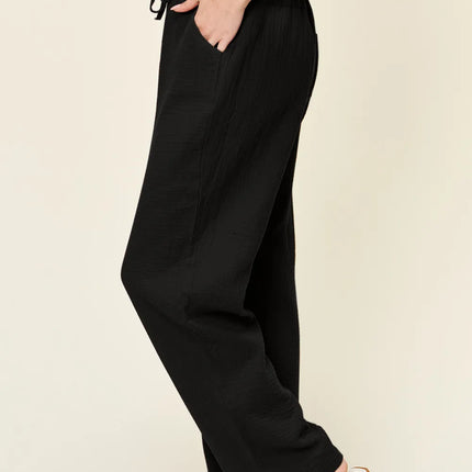Double Take Full Size Texture Drawstring Straight Pants - Image 3