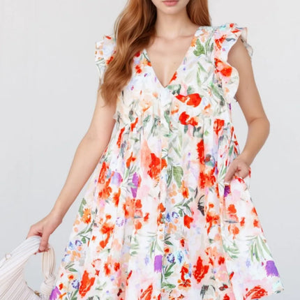 Floral Double Ruffle Sleeve V Neck Mini Dress - Image 2