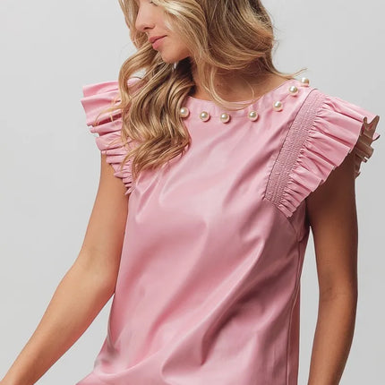 BiBi Leather Smocked Ruffled Top - Image 6