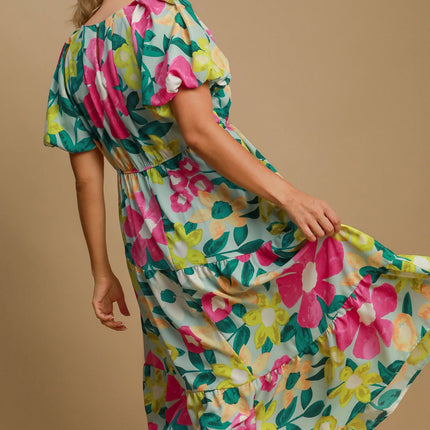 Umgee Full Size Tiered Floral Print Notched Puff Sleeve Midi Dress Plus Size - Image 5