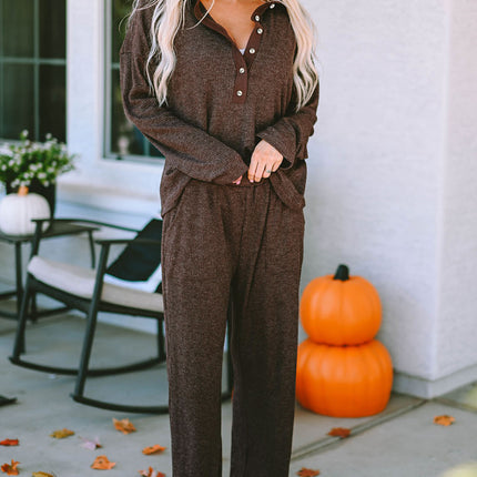 Buttoned Long Sleeve Top and Long Pants Lounge Set - Image 3