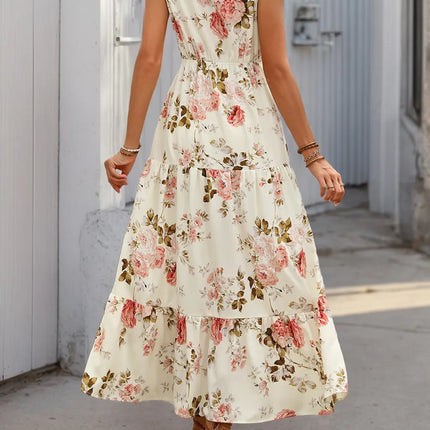 Printed Ruffled Hem V-Neck Sleeveless Dress - Image 3