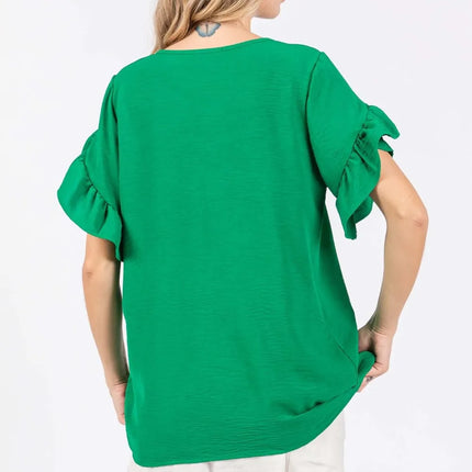 GeeGee Ruffled Short Sleeve V-Neck Blouse - Image 2