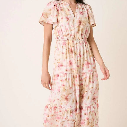 Mittoshop Flower Print Flutter Sleeve V Slit Maxi Dress - Image 1