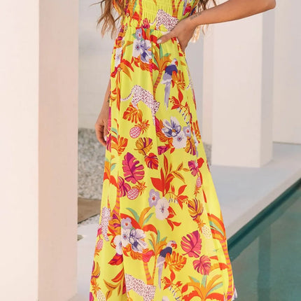 Cheetah Plant Print Shirred Button V Neck Maxi Dress - Image 4