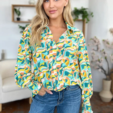 Double Take Full Size Printed Smocked Long Sleeve Blouse - Image 8