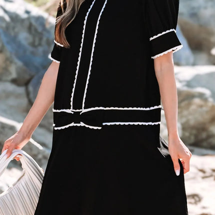 Contrast Scallop Trim Bow Detail Short Sleeve Shift Dress - Image 4