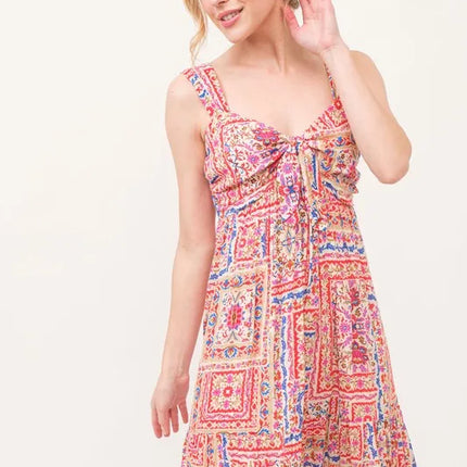 And The Why Tied Front Smocked Back Tiered Boho Printed Dress - Image 6