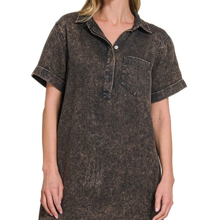 Zenana Tencel Mineral Washed Collared Shirts Dress - Image 2