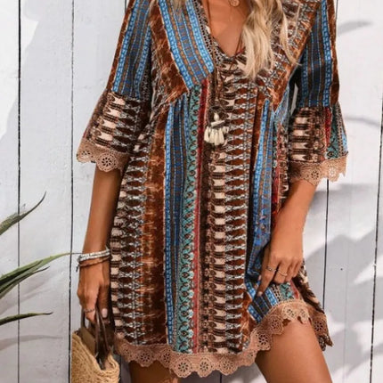 Lace Trim Printed V-Neck 3/4 Sleeve Dress - Image 10